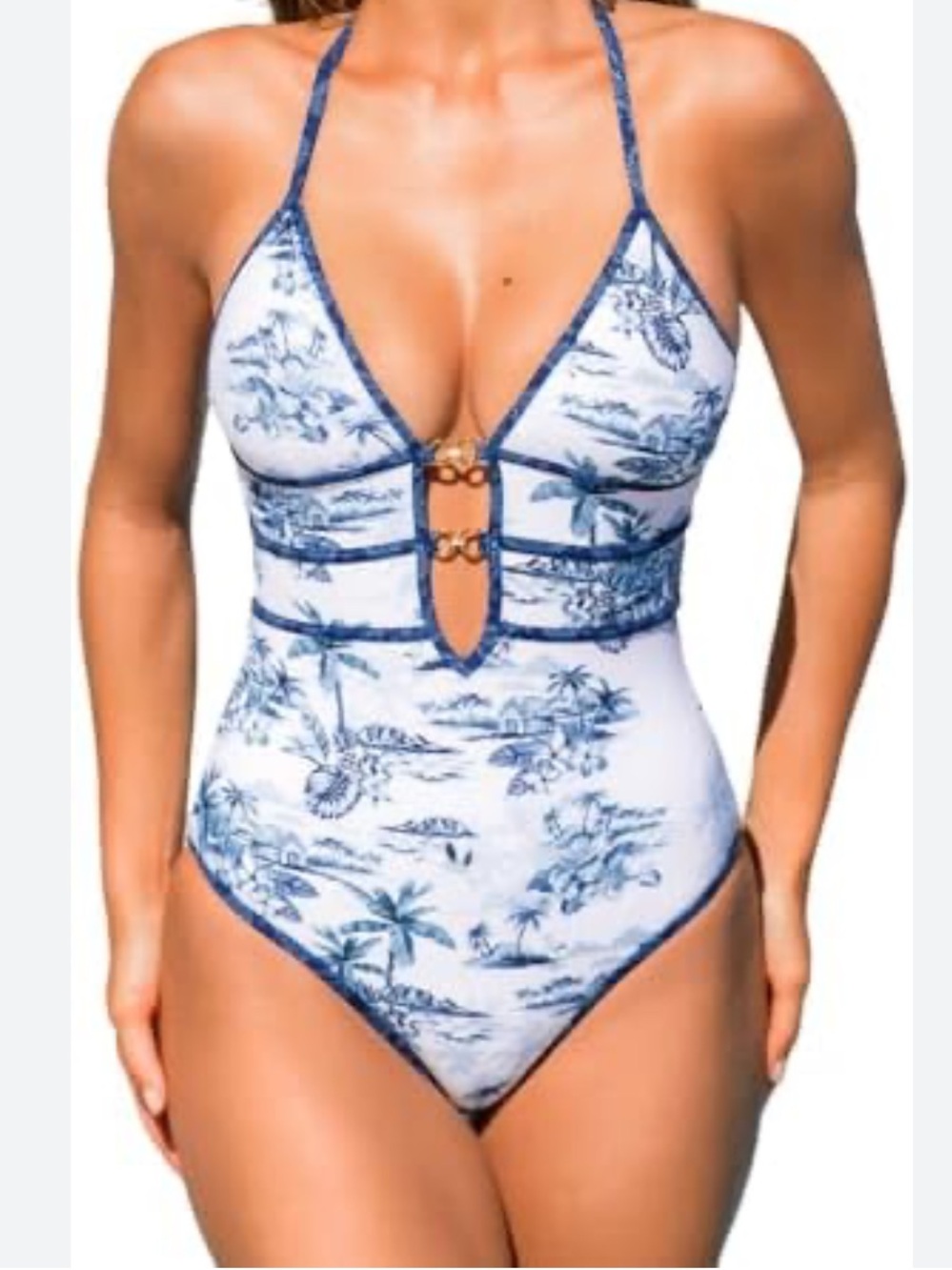 Cupshe White & Blue Tropical Print One-Piece Swimsuit